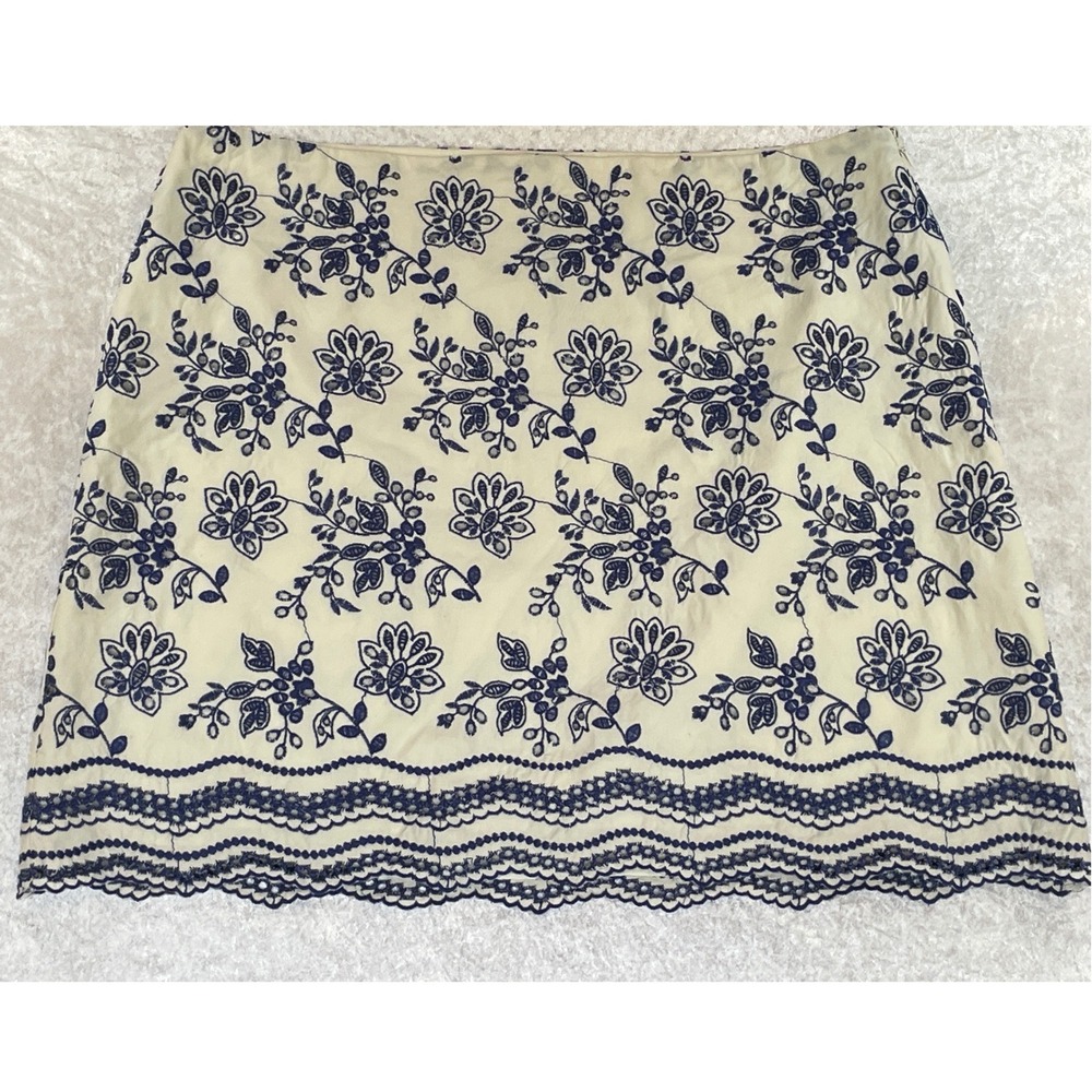 Loft Mini Skirt Women 16P Ivory Blue NWT Floral Eyelet Embroidered Scallop 2755